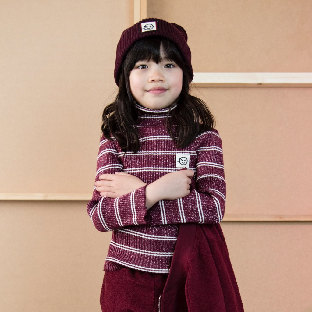 Top Roll Neck Burgundy Ecru Sparkle Stripe